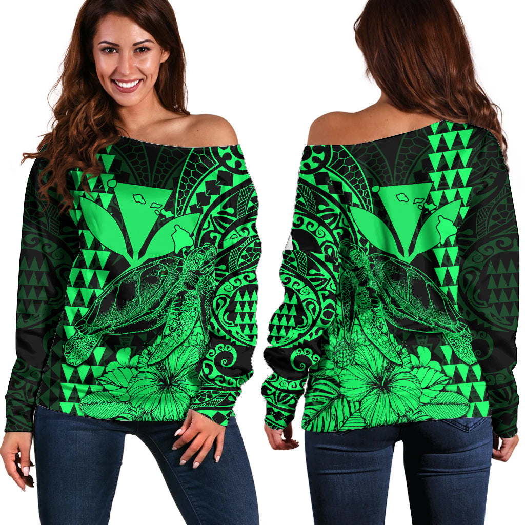 Kakau Polynesian Tribal Hawaiian Turtle with Kanaka Maoli Green Off Shoulder Sweater