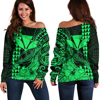 Kakau Polynesian Tribal Hawaiian Turtle with Kanaka Maoli Green Off Shoulder Sweater