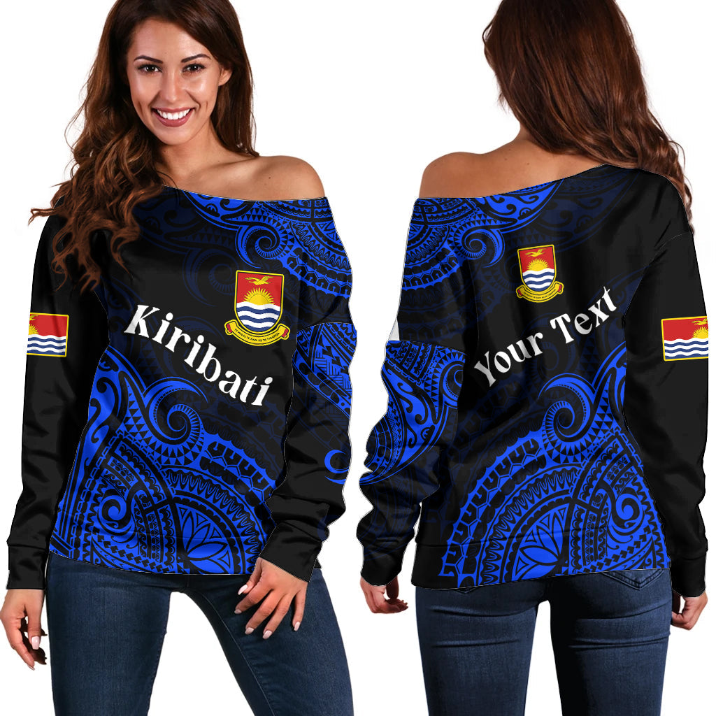 (Custom Personalised) Ribaberiki Kiribati Coat Of Arms Mix Blue Polynesian Off Shoulder Sweater