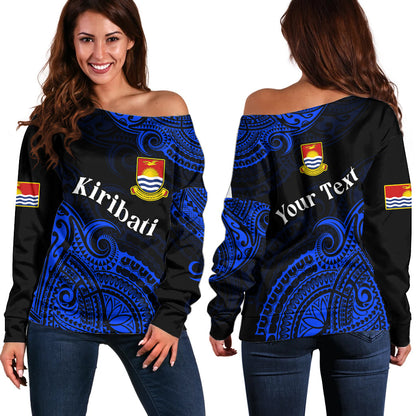 (Custom Personalised) Ribaberiki Kiribati Coat Of Arms Mix Blue Polynesian Off Shoulder Sweater