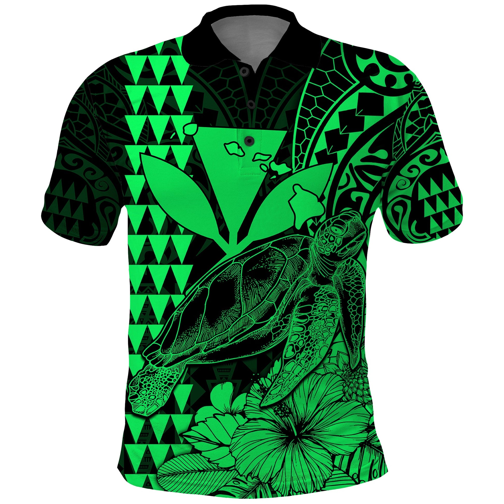 Kakau Polynesian Tribal Hawaiian Turtle with Kanaka Maoli Green Polo Shirt
