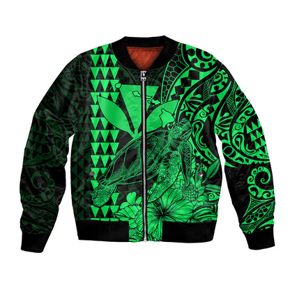 Kakau Polynesian Tribal Hawaiian Turtle with Kanaka Maoli Green Bomber Jacket