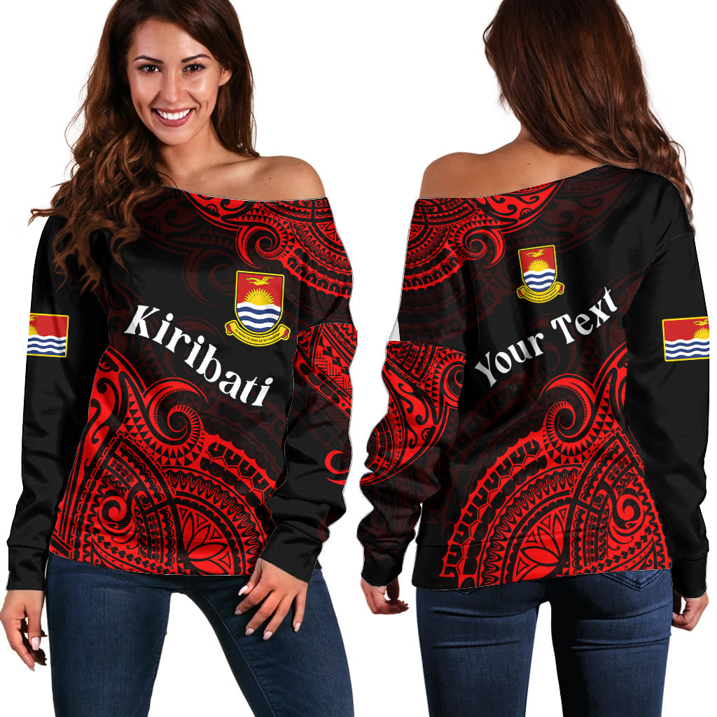 (Custom Personalised) Ribaberiki Kiribati Coat Of Arms Mix Red Polynesian Off Shoulder Sweater
