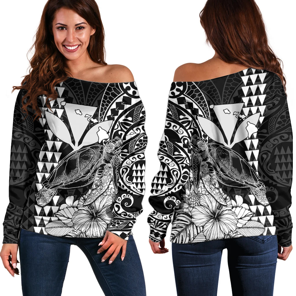 Kakau Polynesian Tribal Hawaiian Turtle with Kanaka Maoli Black Off Shoulder Sweater