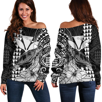 Kakau Polynesian Tribal Hawaiian Turtle with Kanaka Maoli Black Off Shoulder Sweater