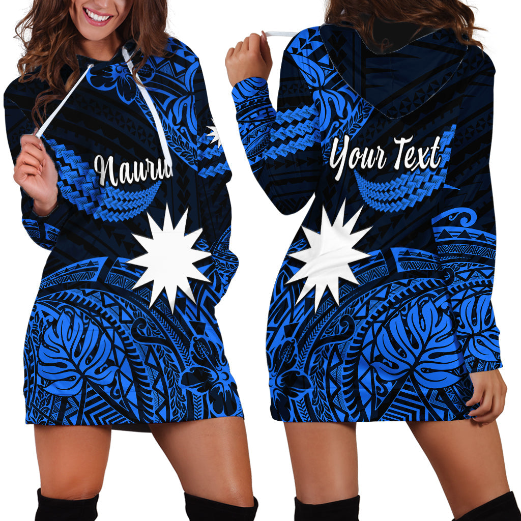 Custom Personalised Nauru Polynesian Hibiscus Naoero Blue Hoodie Dress
