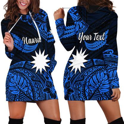 Custom Personalised Nauru Polynesian Hibiscus Naoero Blue Hoodie Dress