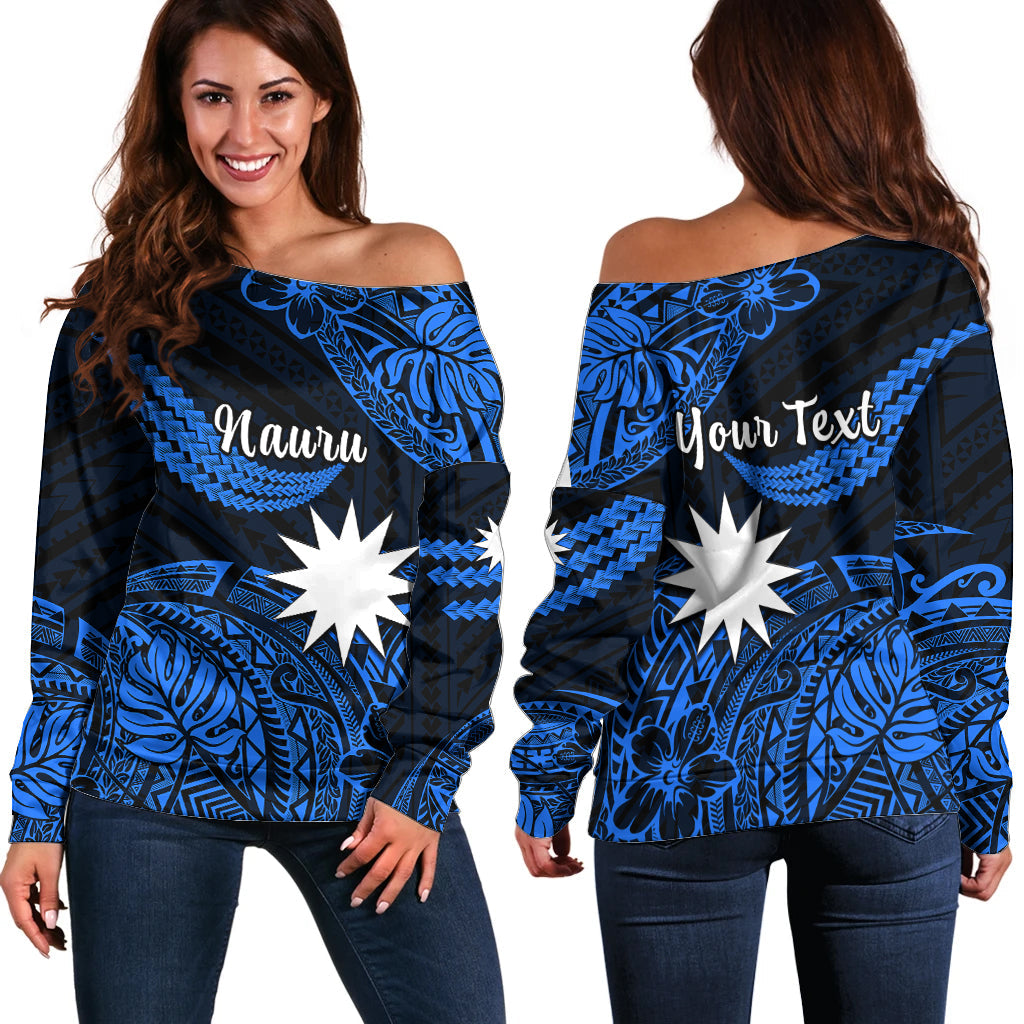 (Custom Personalised) Nauru Polynesian Hibiscus Naoero Blue Off Shoulder Sweater