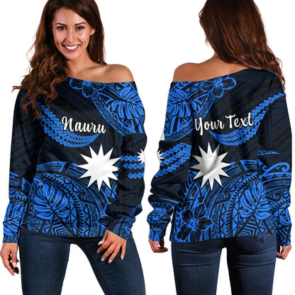 (Custom Personalised) Nauru Polynesian Hibiscus Naoero Blue Off Shoulder Sweater
