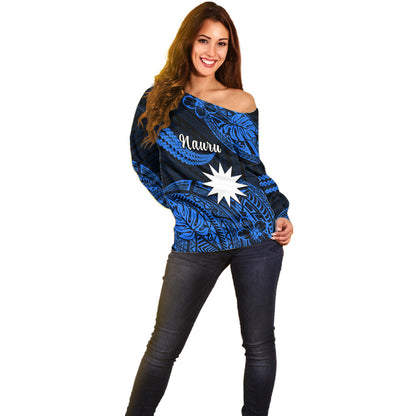 (Custom Personalised) Nauru Polynesian Hibiscus Naoero Blue Off Shoulder Sweater