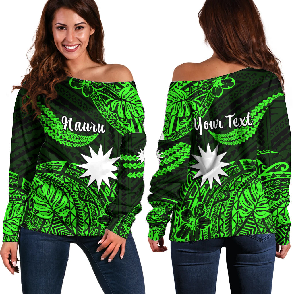 (Custom Personalised) Nauru Polynesian Hibiscus Naoero Green Off Shoulder Sweater