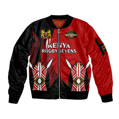 (Custom Text And Number) Kenya Rugby Sevens Sporty Version Sleeve Zip Bomber Jacket
