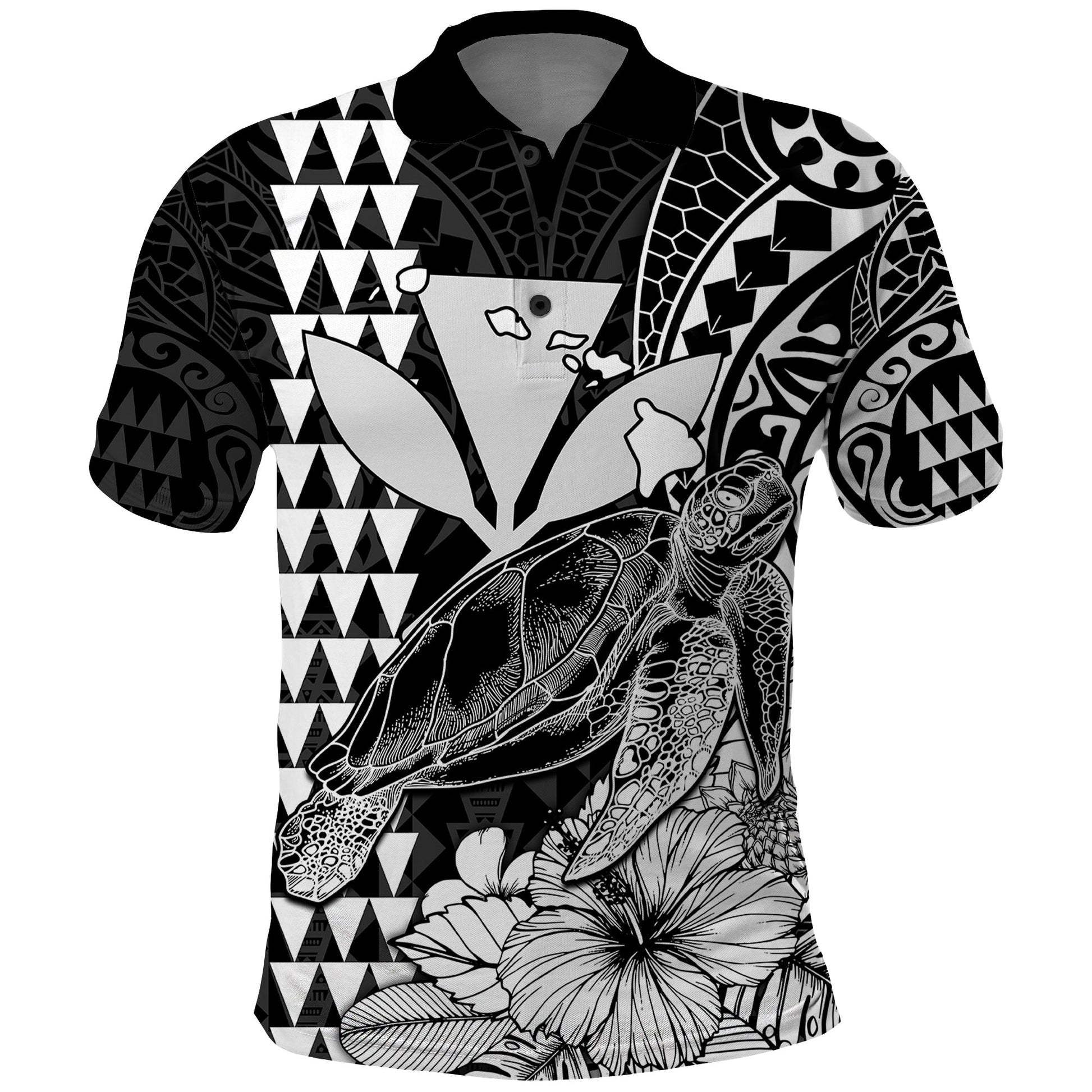Kakau Polynesian Tribal Hawaiian Turtle with Kanaka Maoli Black Polo Shirt