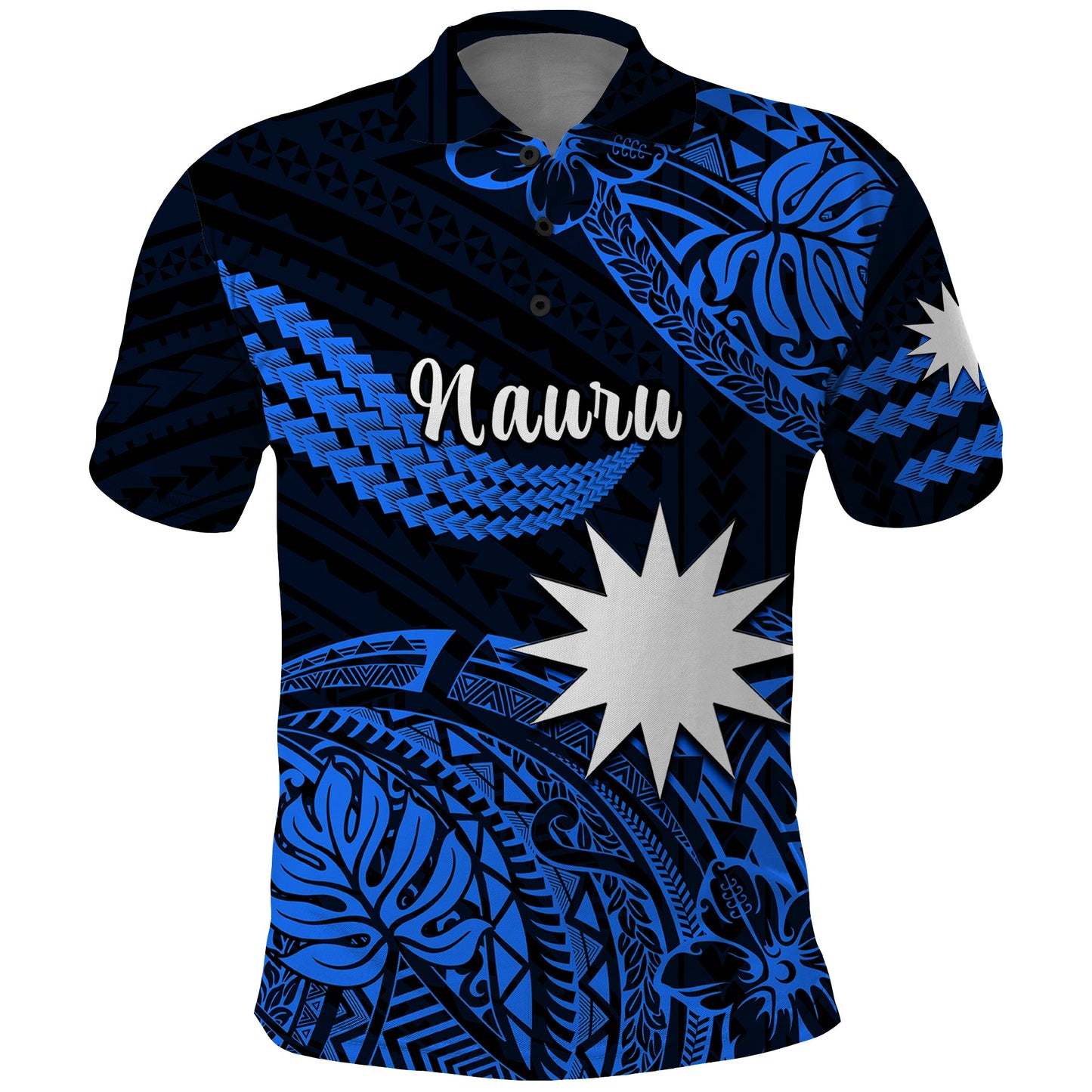 Nauru Polynesian Hibiscus Naoero Blue Polo Shirt