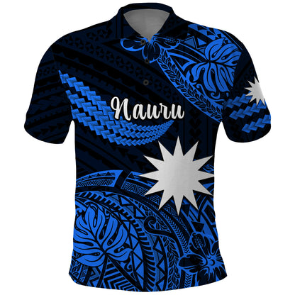 Nauru Polynesian Hibiscus Naoero Blue Polo Shirt