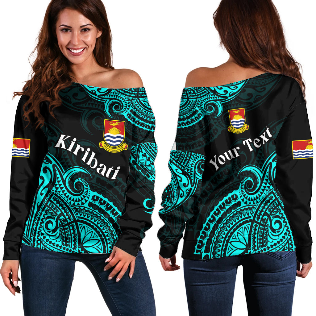 (Custom Personalised) Ribaberiki Kiribati Coat Of Arms Mix Cyan Polynesian Off Shoulder Sweater
