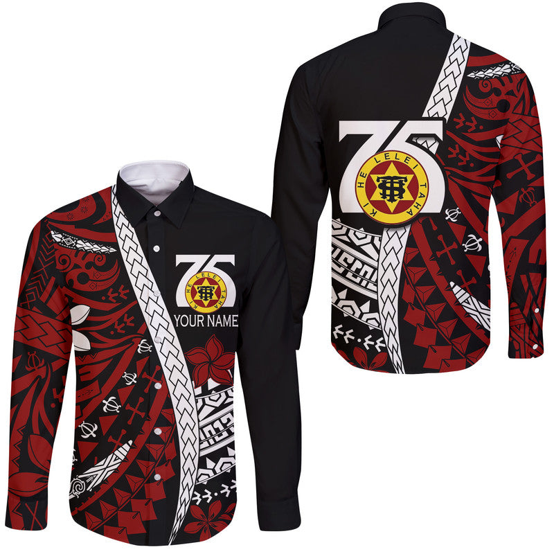 (Custom Personalised) Tonga High School 75th Anniversary Hawaii Long Sleeve Button Shirt Black Polynesian Minimalist Style