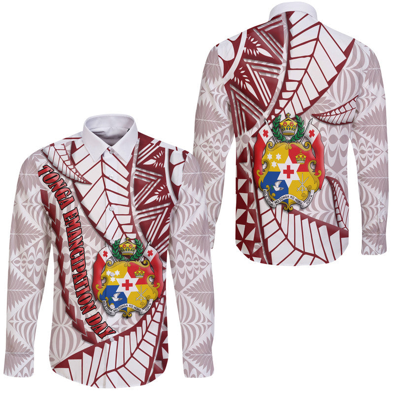 Tonga Emancipation Day Hawaii Long Sleeve Button Shirt Kupesi Pattern No.2 White