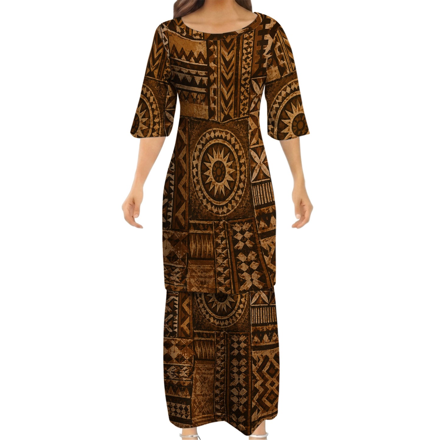 Polynesian Tribal Geometric Pattern Matching Outfit For Couple Vintage Puletasi Dress And Hawaiian Shirt For Her Him