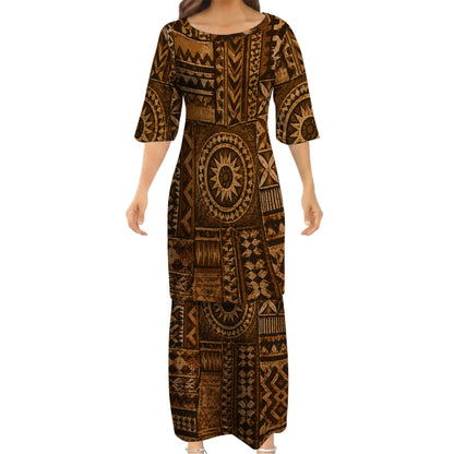 Polynesian Tribal Geometric Pattern Matching Outfit For Couple Vintage Puletasi Dress And Hawaiian Shirt For Her Him