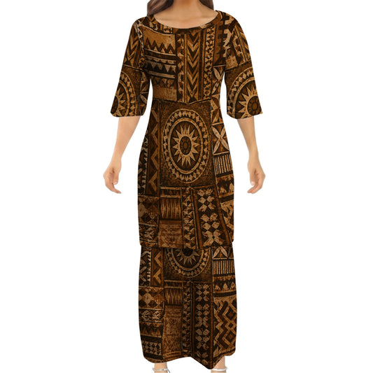 Polynesian Tribal Geometric Pattern Matching Outfit For Couple Vintage Puletasi Dress And Hawaiian Shirt For Her Him