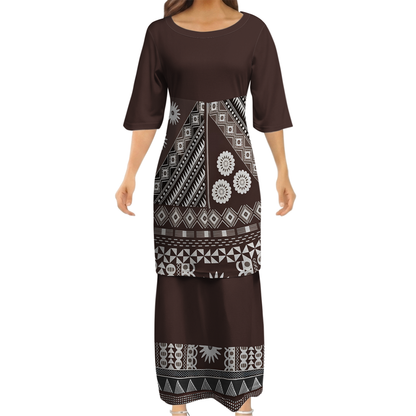 Polynesian Geometric Pattern Couple Outfit Matching Island Dress And Lavalava