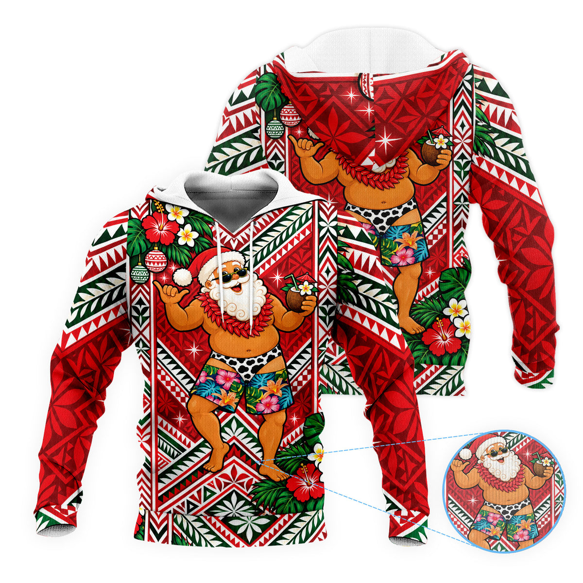 Funny Santa With Ula Fala Hoodie Polynesian Tribal Christmas Zip Hoodie