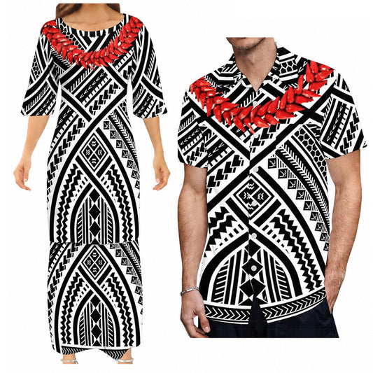 Summer Women's Dress Men's Shirt Couple Suit Samoan Necklace White Black Matching Outfit For Couple