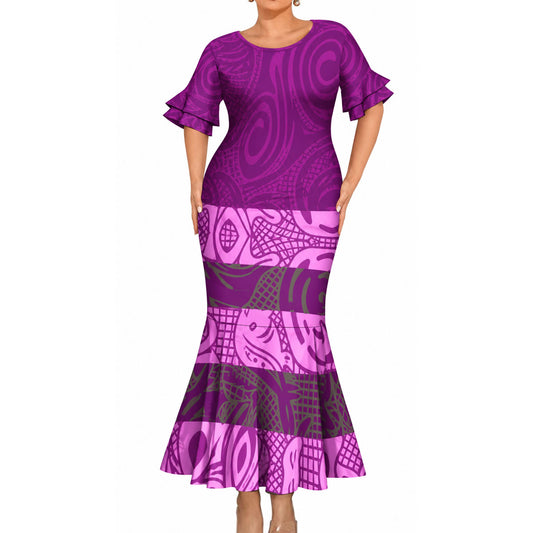 Polynesian Tribal Pattern Matching Outfit For Couple Purple Short Sleeve Mermaid Long Dress And Shirt For Him Her