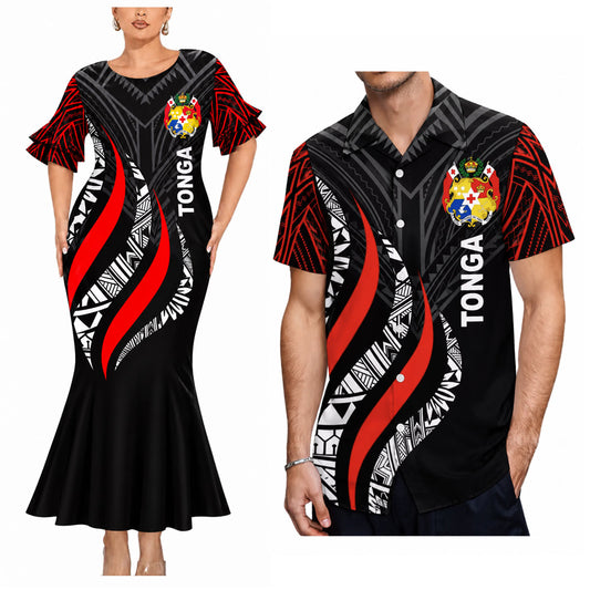 Tong Coat Of Arms Matching Outfit Polynesian Tribal Pattern Red Mermaid Dress And Shirt For Her Him
