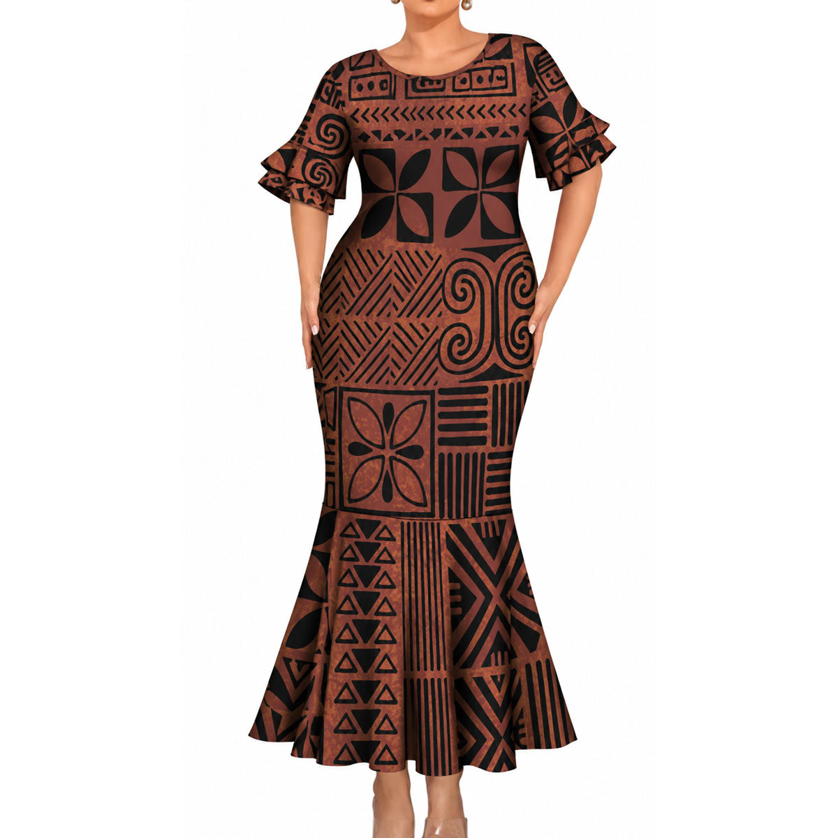 Polynesian Tribal Pattern Matching Outfit For Couple Island Short Sleeve Mermaid Long Dress And Shirt For Him Her