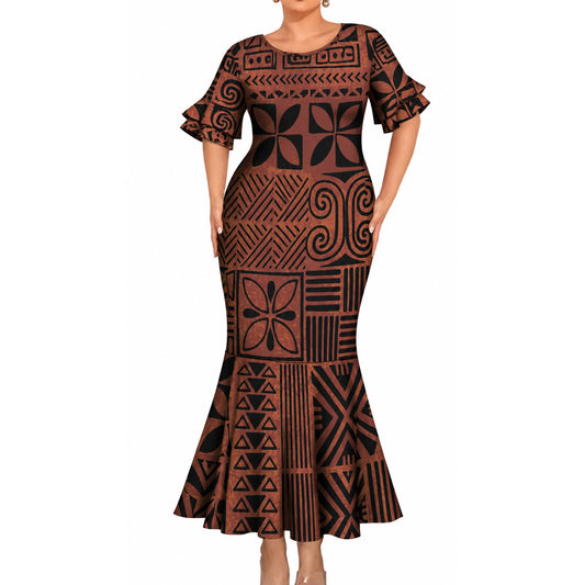 Polynesian Tribal Pattern Matching Outfit For Couple Island Short Sleeve Mermaid Long Dress And Shirt For Him Her
