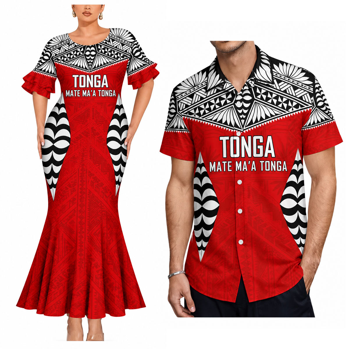Tong Matching Outfit Polynesian Tribal Pattern Red Mermaid Dress And Shirt For Her Him