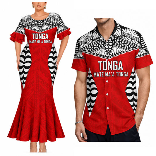 Tong Matching Outfit Polynesian Tribal Pattern Red Mermaid Dress And Shirt For Her Him