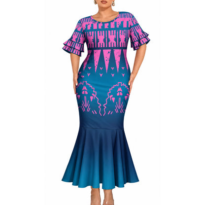 Polynesian Tribal Pattern Matching Outfit For Couple Island Short Sleeve Mermaid Long Dress And Shirt