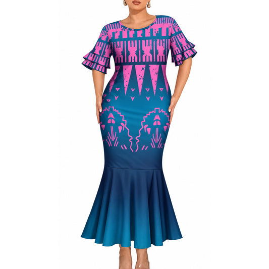 Polynesian Tribal Pattern Matching Outfit For Couple Island Short Sleeve Mermaid Long Dress And Shirt