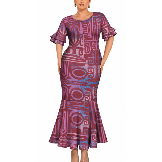 Polynesian Tribal Pattern Matching Outfit For Couple Short Sleeve Mermaid Long Dress And Shirt