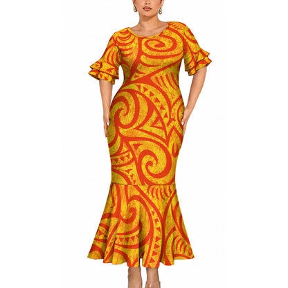 Polynesian Tribal Pattern Orange Matching Outfit For Couple Short Sleeve Mermaid Long Dress And Shirt