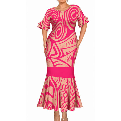 Polynesian Tribal Pattern Pink Matching Outfit For Couple Short Sleeve Mermaid Long Dress And Shirt