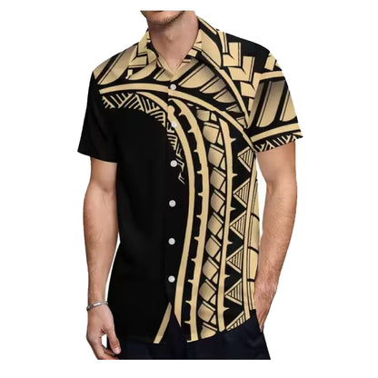 Polynesian Tribal Flowers Pattern Yellow Couple Matching Outfit Island Short Sleeve Mermaid Long Dress And Shirt