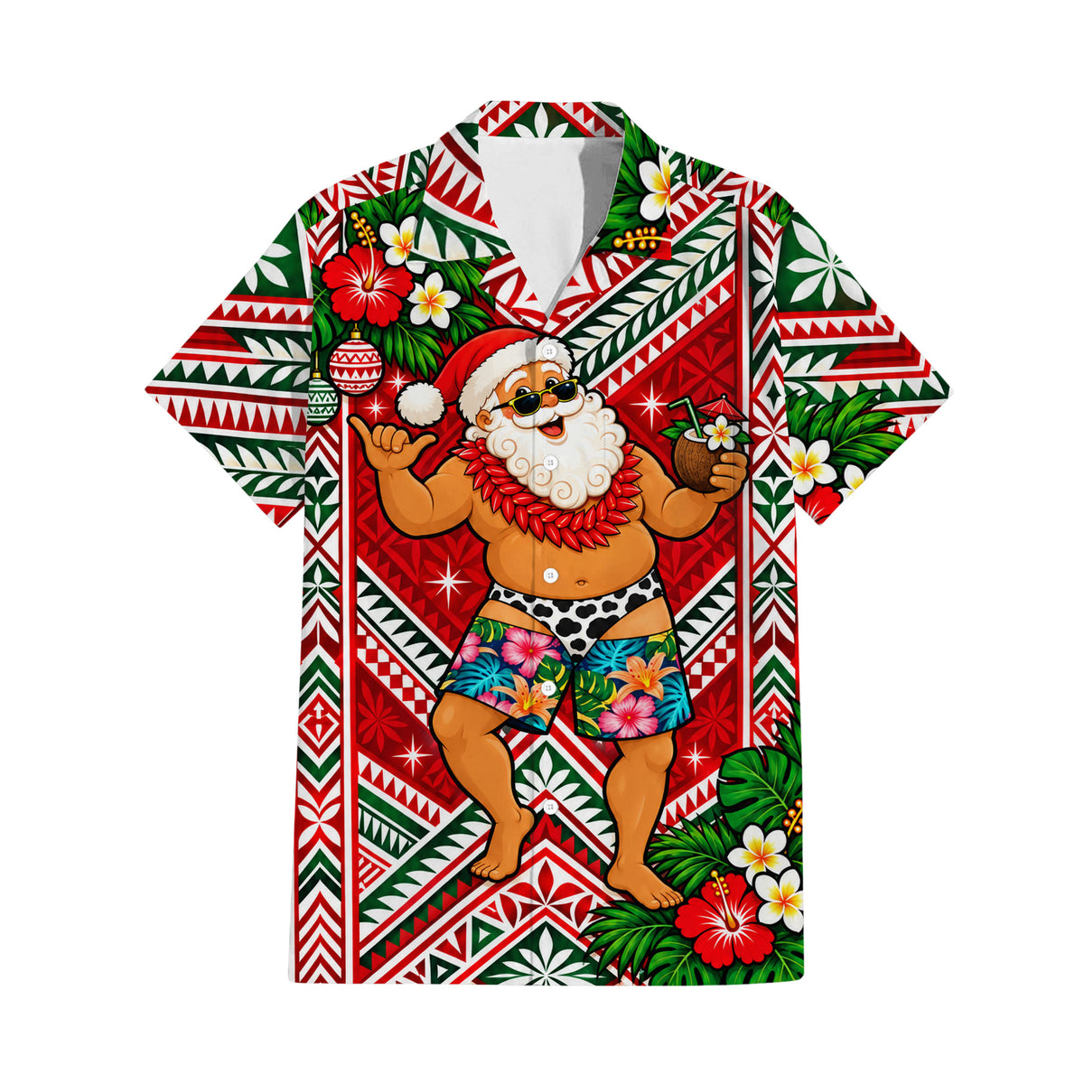 Funny Santa Couple Set Polynesian Tribal Christmas Pattern Couple Matching Outfit Island Short Sleeve Mermaid Long Dress And Shirt