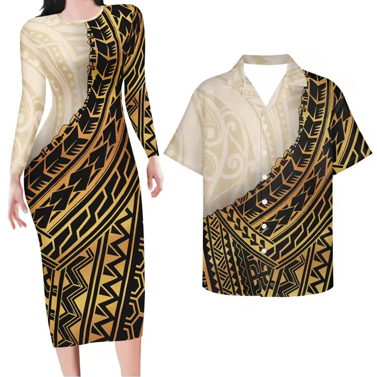 Yellow Polynesian Tribal Pattern Matching Outfit For Couples Island Bodycon Dress And Hawaii Shirt