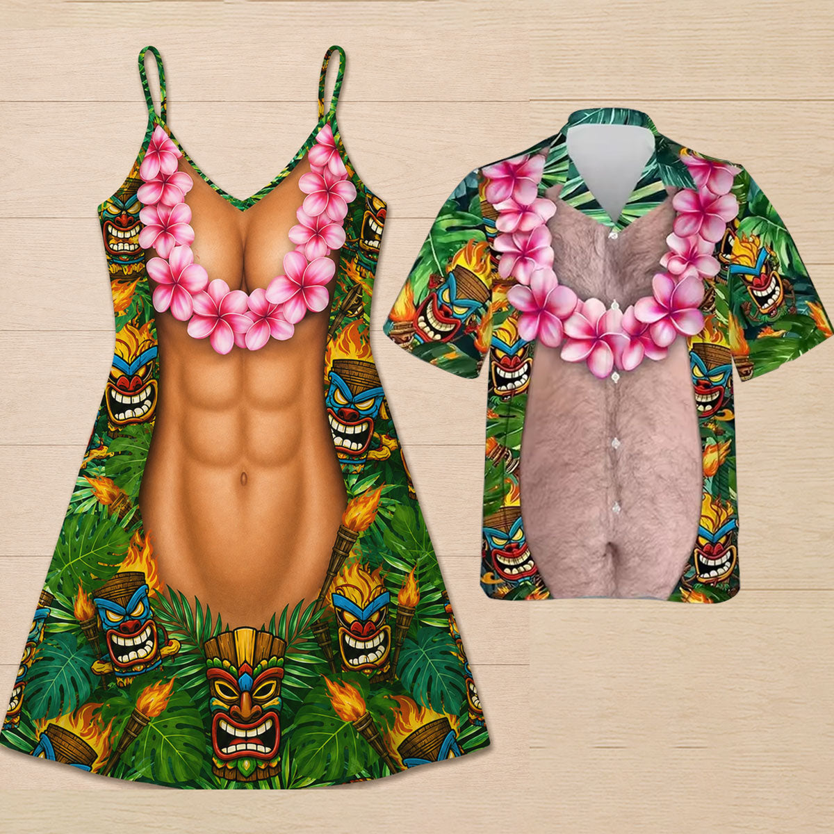 Funny Couple Matching Outfit  Polynesian Tribal Leaf Pattern Women Strap Short Swing Dress And Shirt