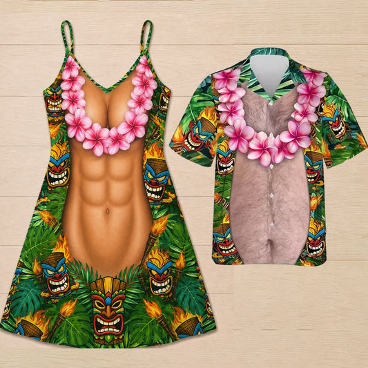 Funny Couple Matching Outfit  Polynesian Tribal Leaf Pattern Women Strap Short Swing Dress And Shirt