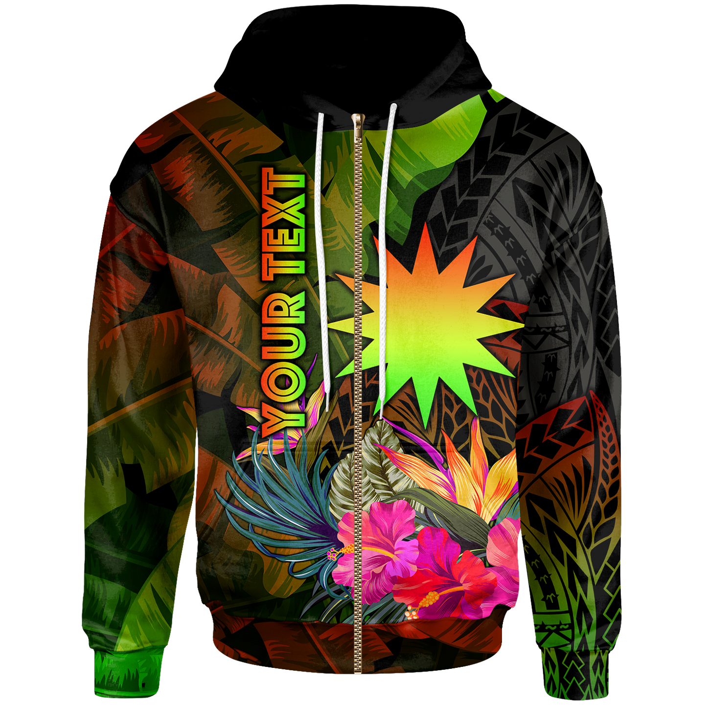 Nauru Polynesian Zip Up Hoodie Hibiscus and Banana Leaves