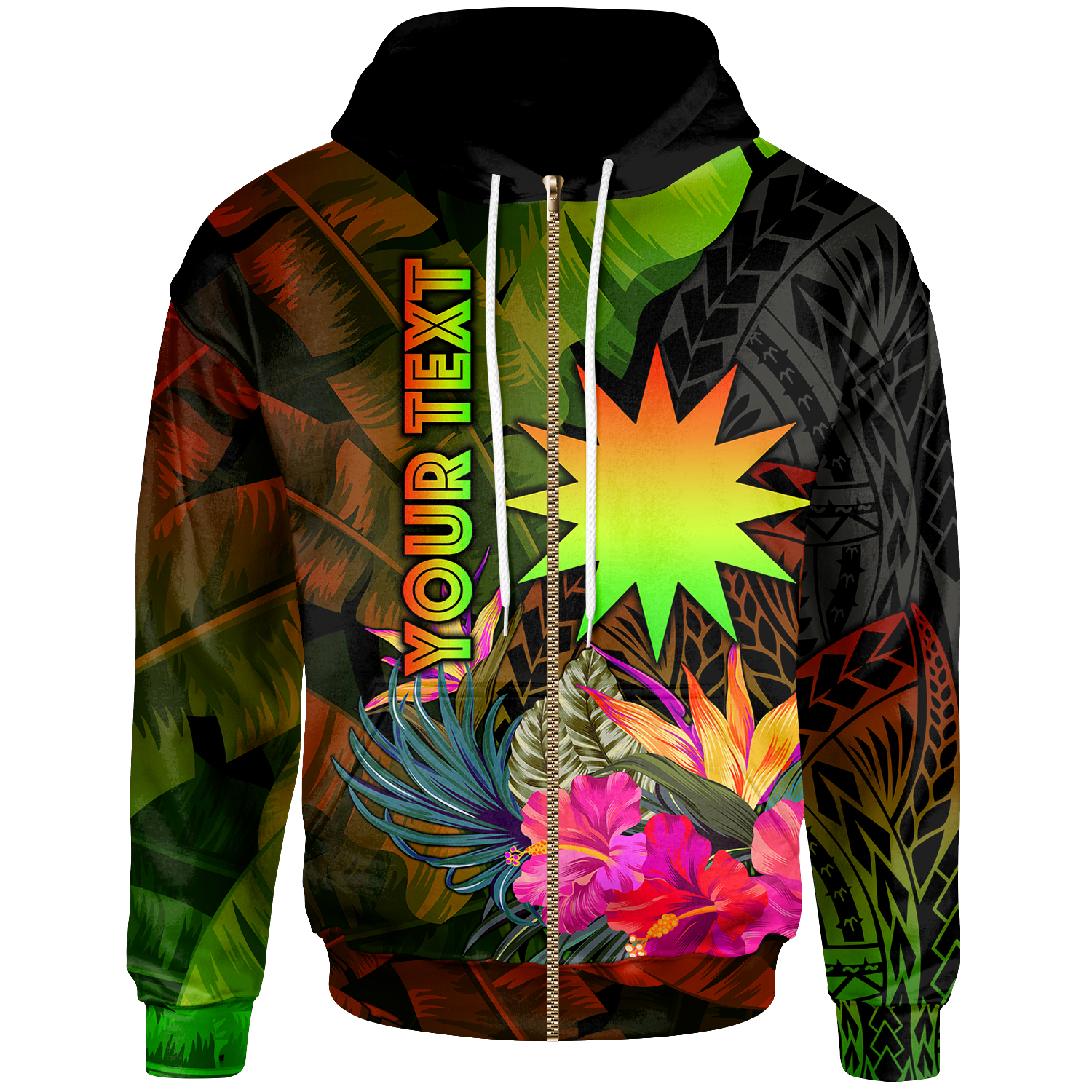 Nauru Polynesian Zip Up Hoodie Hibiscus and Banana Leaves