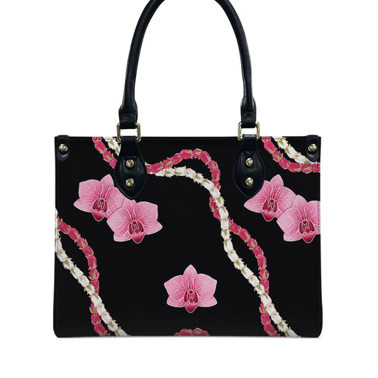Puakenikeni Hawaiian Flower Lei Black Leather Handbag