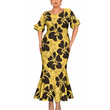 Vintage Polynesian Hibiscus Flowers Pattern Matching Outfit For Couple Short Sleeve Mermaid Long Dress And Shirt
