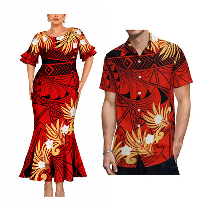 Polynesian Flowers Pattern Matching Outfit For Couple Red Short Sleeve Mermaid Long Dress And Shirt For Him Her