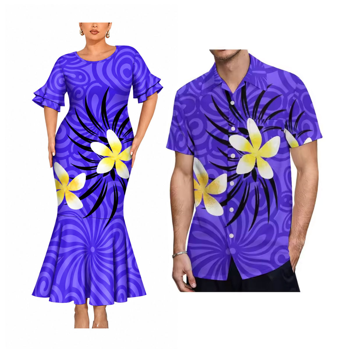 Polynesian Flowers Pattern Matching Outfit For Couple Purple Short Sleeve Mermaid Long Dress And Shirt For Him Her